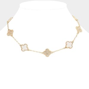 White & Gold Crystal Quatrefoil Clover Chain Necklace Station Pendant Everyday